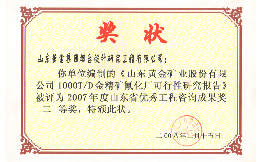 山東省優(yōu)秀工程咨詢成果獎二等獎2007年度1000T/D金精礦氰化廠可行性研究報告